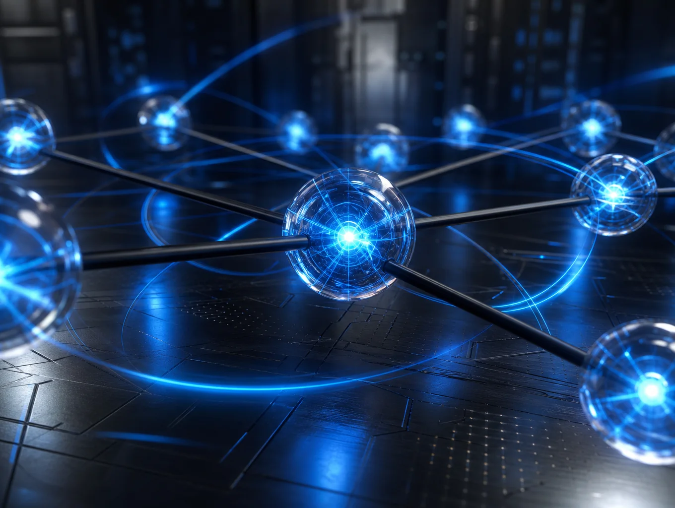 Abstract monochrome 3D network nodes and geometric wireframes