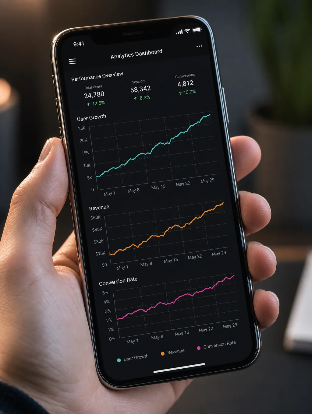 Mobile device display showing Synthetix analytics and conversion graphs