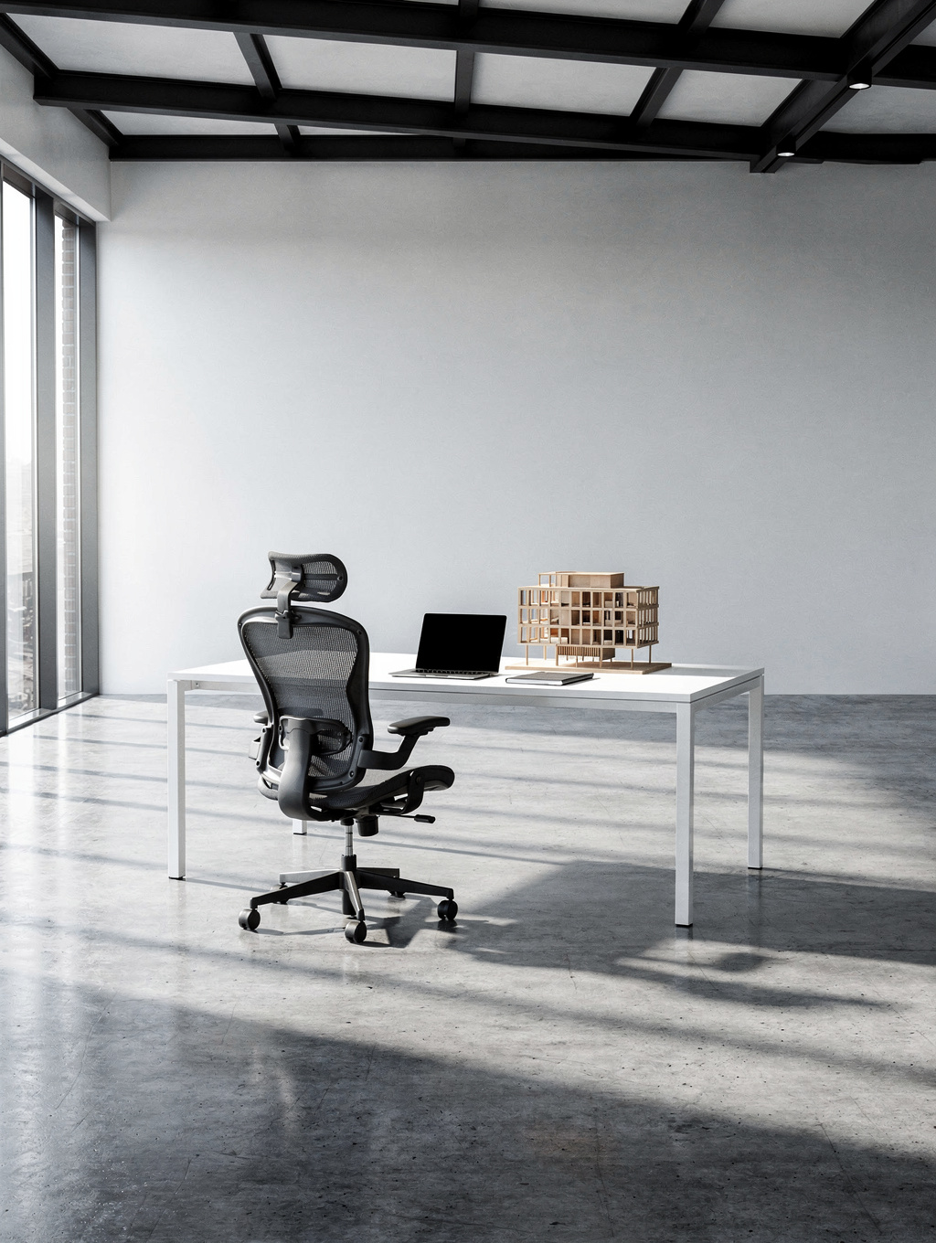 Minimalist architectural engineering studio with concrete surfaces, glass partitions, and precision monitors